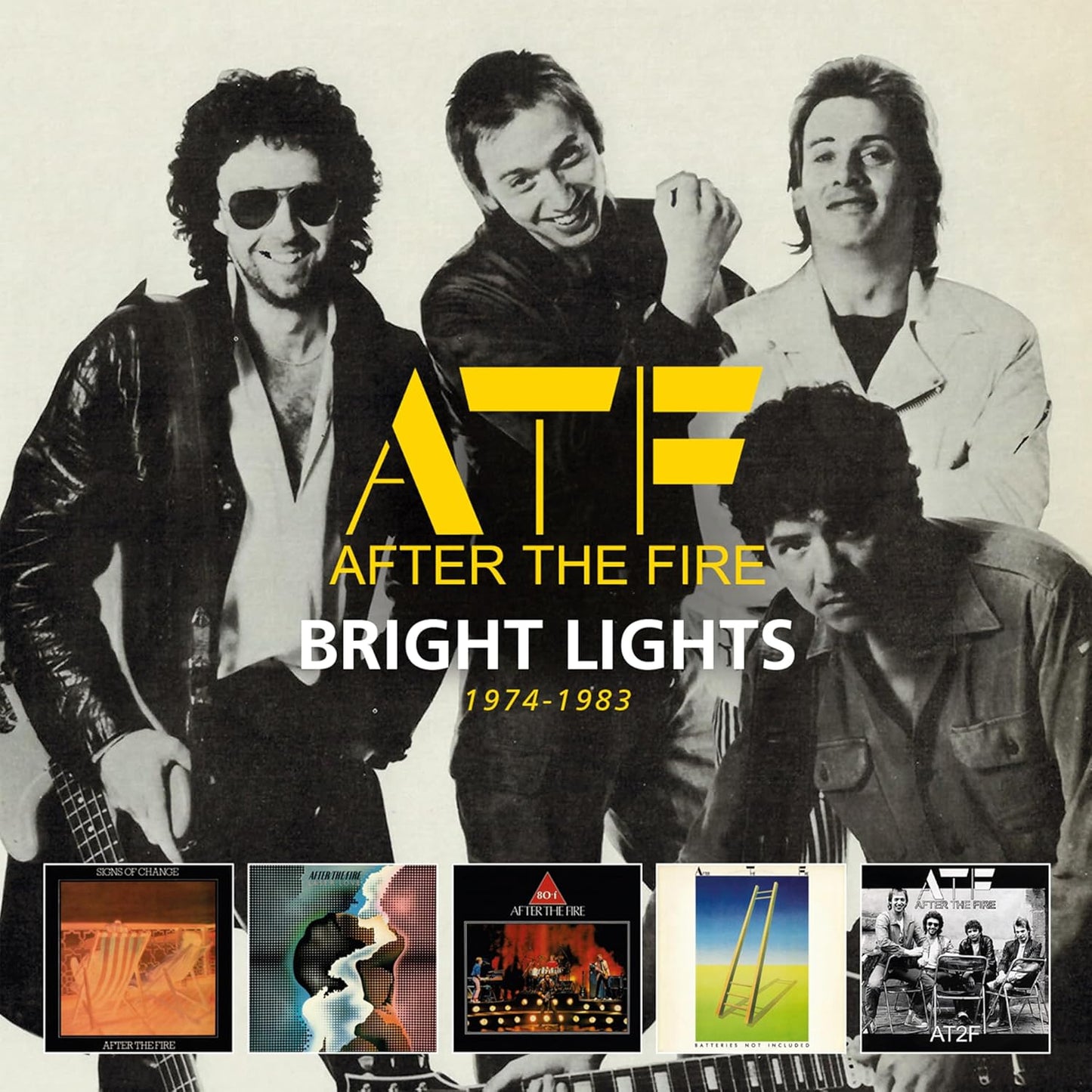 After The Fire band photo and album art for “Bright Lights 1974-1983”.
