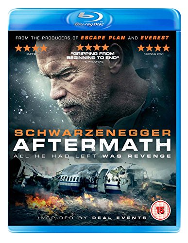 Blu-ray cover for Aftermath featuring Arnold Schwarzenegger above a burning plane crash scene.