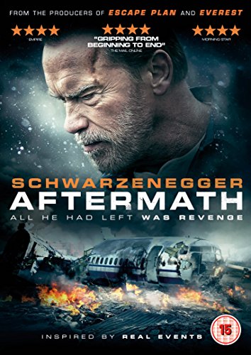 The image is a DVD cover for "Aftermath" featuring Arnold Schwarzenegger. Alt text: DVD cover with Arnold Schwarzenegger and a burning plane crash scene.