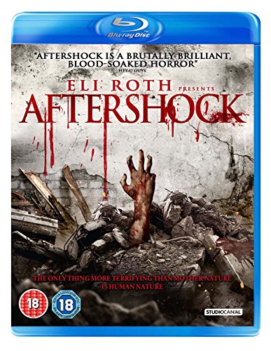 Blu-ray cover for Aftershock showing a bloody hand emerging from rubble against a wall.