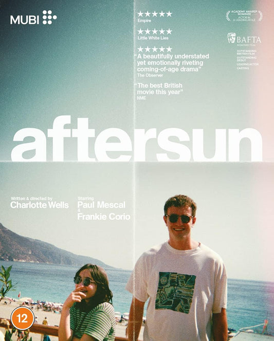 “Aftersun” Blu-ray cover with father and daughter by the sea.