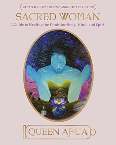 Book cover: “Sacred Woman” with a blue, illustrated woman in an oval frame.