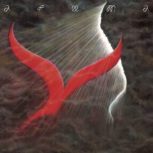 A red, curved shape resembling a whale tail against a dark, textured, light-streaked background.