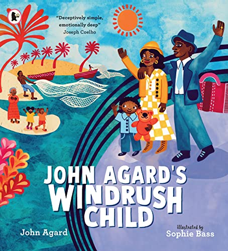 Book cover illustration showing a family arriving by ship with a tropical island background.