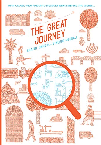 Book cover with orange line drawings of buildings and people, featuring a large magnifying glass.