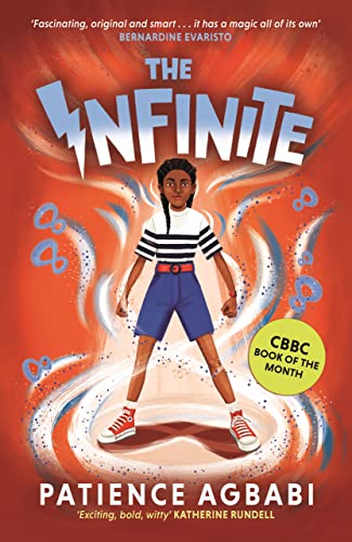 Book cover featuring a girl standing amidst swirling orange energy and infinity symbols.