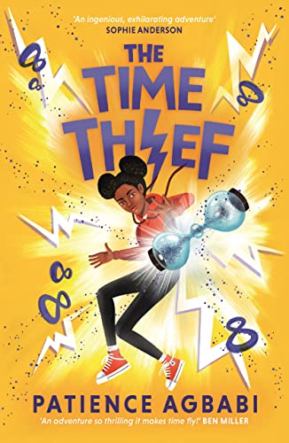Book cover featuring a girl holding a glowing hourglass against a yellow lightning background.