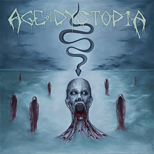 Album cover: distorted face with snake, figures in a stormy sea.