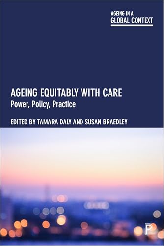 Book cover: "Ageing Equitably with Care", blue and blurred city background.