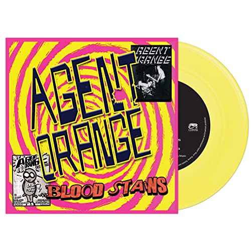 Yellow vinyl record with colorful, psychedelic "Agent Orange - Bloodstains" cover art.
