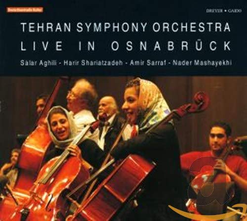 CD cover featuring musicians playing cellos with text "Tehran Symphony Orchestra Live in Osnabrück".