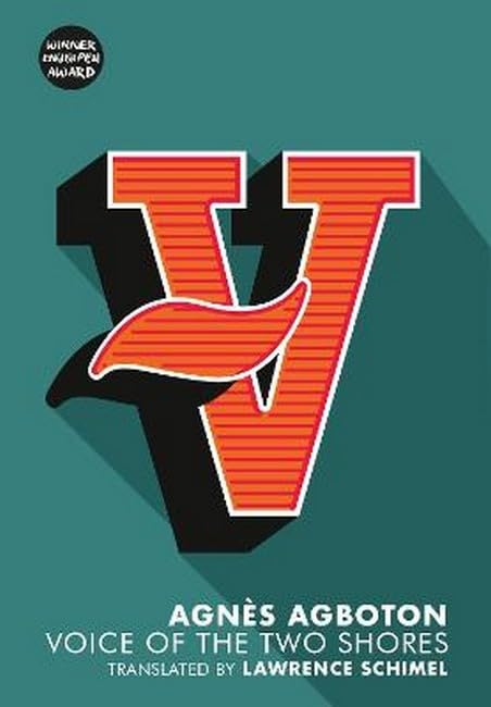 Book cover: large red "V" with a wave, title "Voice of the Two Shores".