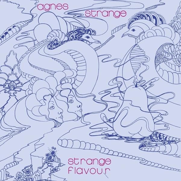 Album cover with blue line art of faces, birds, and a pear on lavender.