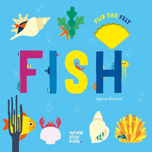 Brightly colored illustration of fish, shells, and seaweed with large title letters.