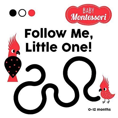 Baby book cover with a winding black line, birds, and colorful dots.