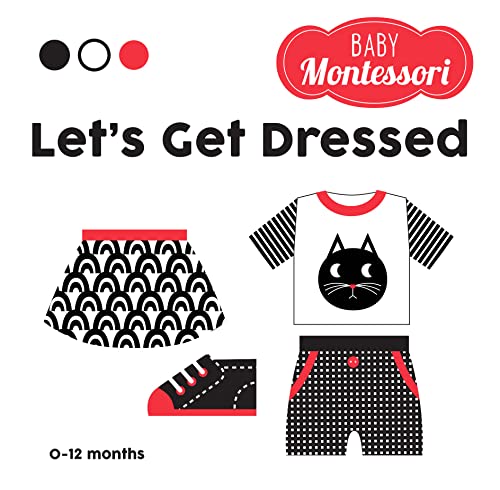 Montessori book cover with black and white clothing illustrations for babies.