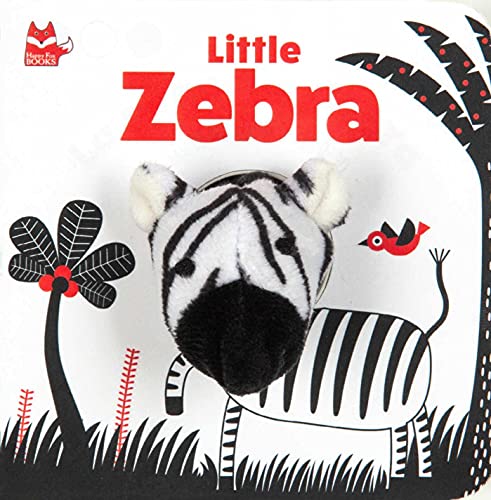 A plush zebra finger puppet attached to a black, white, and red board book.