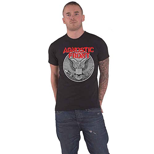 Black t-shirt featuring a red Agnostic Front logo above a circular eagle graphic.