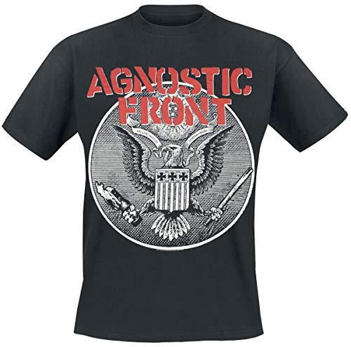 Black t-shirt featuring a red Agnostic Front logo above a circular eagle graphic.