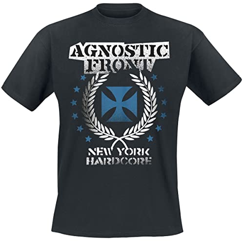 Black t-shirt featuring an Agnostic Front logo, blue cross, laurel wreath, and stars graphic.
