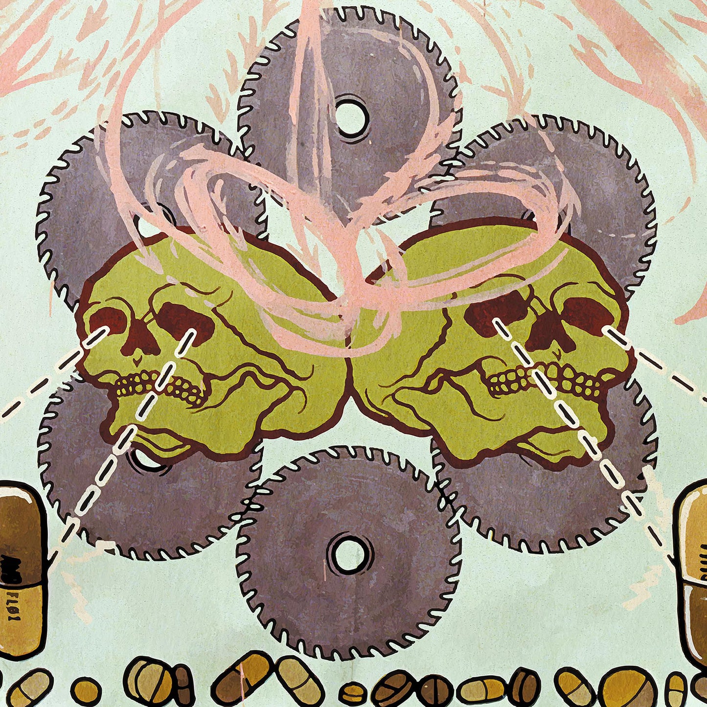 Record cover with illustrated skulls, saw blades, and pills.