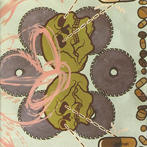 A close-up of a CD cover featuring green skulls and industrial gears.