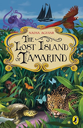 Book cover: jungle scene with animals, ship, and octopus, titled "The Lost Island of Tamarind".