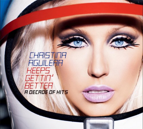 Christina Aguilera album cover, close-up portrait with racing helmet detail.