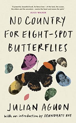 Book cover with black text, butterflies, and fragmented portrait images.