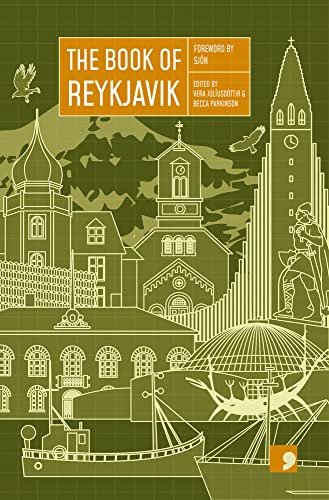 Green book cover with line-art illustration of Reykjavik buildings and birds.