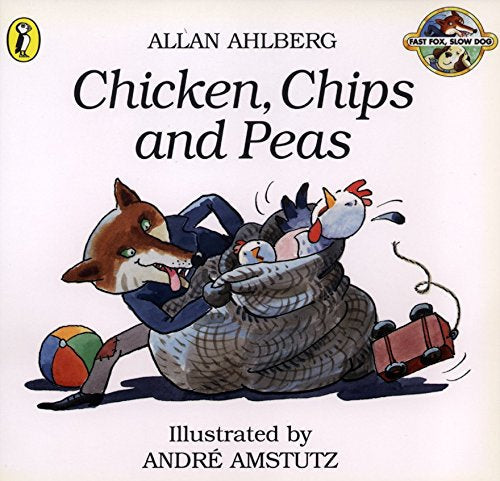 Book cover: fox, chicken, and cat tumbling with a red suitcase.