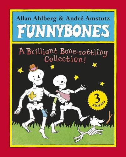 "Children's book cover featuring cartoon skeletons and a dog on a black background."
