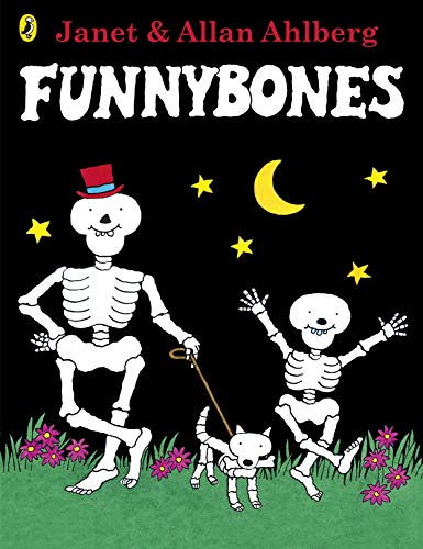 Book cover: two skeletons and a dog under a crescent moon.