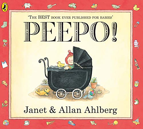 Book cover: baby in a large black pram with a red hat.