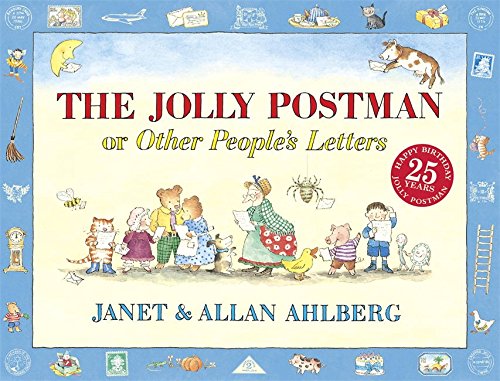 "The Jolly Postman" book cover with cartoon postman and recipients, blue border with icons.
