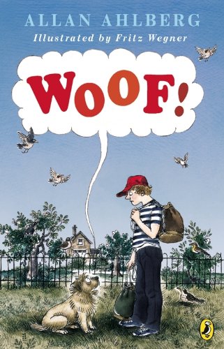 "Book cover featuring a boy and dog with 'Woof!' in a thought bubble, surrounded by birds."