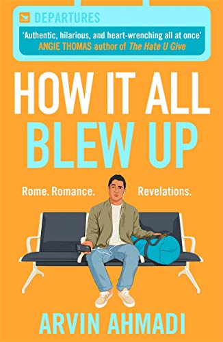 Book cover: man sitting on airport bench, orange background, title "How It All Blew Up".