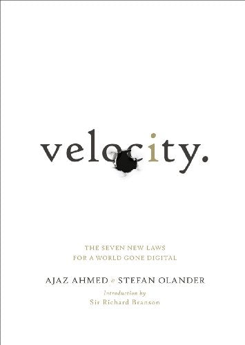 Book cover: "velocity." with a bullet hole graphic, white background.