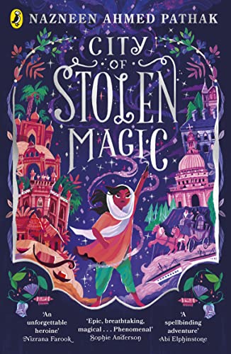 Book cover: “City of Stolen Magic” with illustrated cityscape and girl.