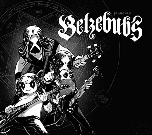Black and white illustration of three figures with guitars, demonic imagery.