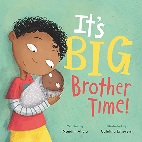 Boy holding a baby, book cover titled "It's Big Brother Time!".