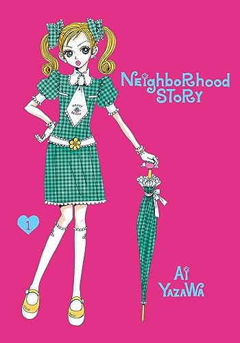 A blonde girl in a green checkered dress holds a matching umbrella on pink background.