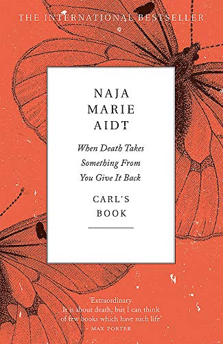 Book cover with a red background, butterfly illustrations, and white central text box.
