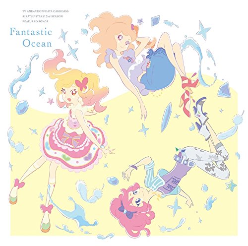 Three anime girls float against a light yellow background with stars and water splashes.