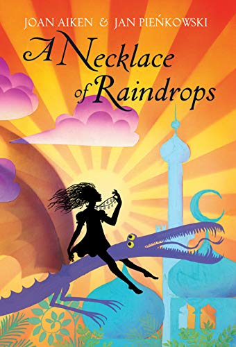 Book cover: silhouette of girl with dragon, tower, and colorful sky.