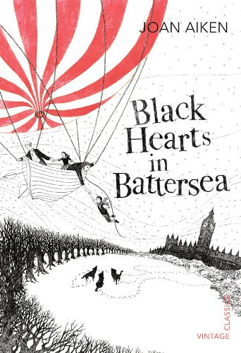 Book cover: illustrated hot air balloon over London with figures and dogs.
