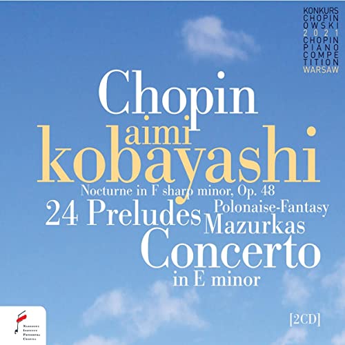 CD cover for Aimi Kobayashi performing Chopin's piano works, blue sky background.