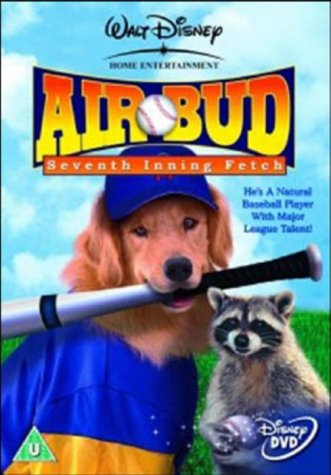DVD cover of Air Bud: Seventh Inning Fetch featuringSLH golden retriever and raccoon.