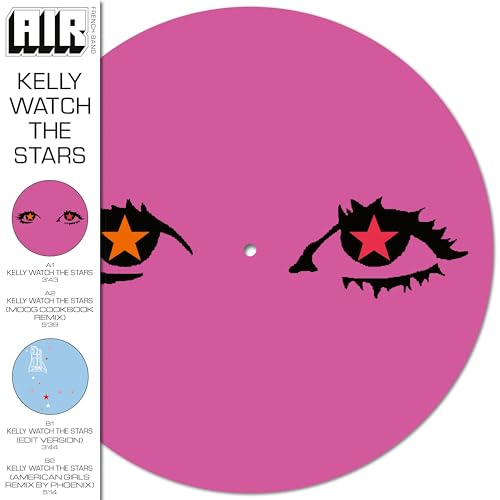 Pink vinyl record with stylized eye and star imagery, tracklist visible.
