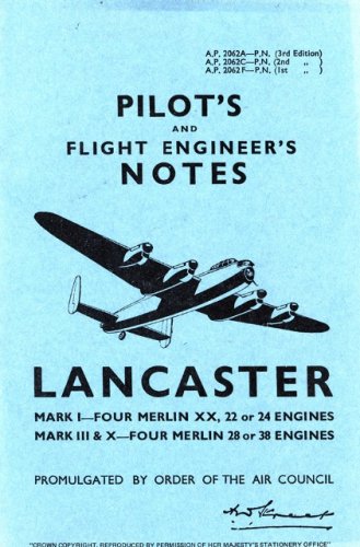 Light blue manual cover titled Pilot's and Flight Engineer's Notes for the Lancaster aircraft.
